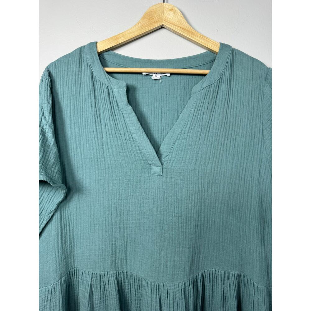 Lucky Brand Women's Dress Blue Green Tiered Short Midi Cotton Gauze Pockets 1X - Picture 3 of 11